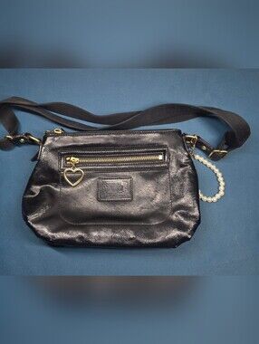 Coach Black Leather Crossbody with Heart Charm and Gold Hardware